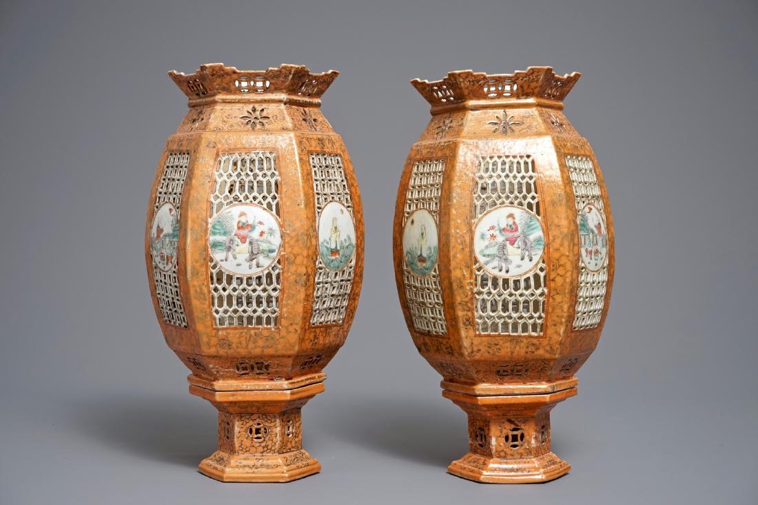 A pair of Chinese famille rose coral-ground lanterns,: A pair of Chinese famille rose coral-ground lanterns, 19/20th C. H.: 33,5 cm We have more lots available exclusively on our website www.rm-auctions.com! Condition reports and high resolution pictures
