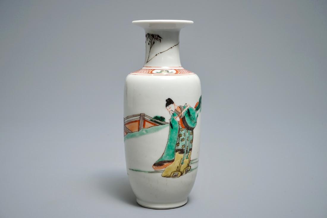A Chinese famille verte rouleau vase with figures in a (1 of 5)