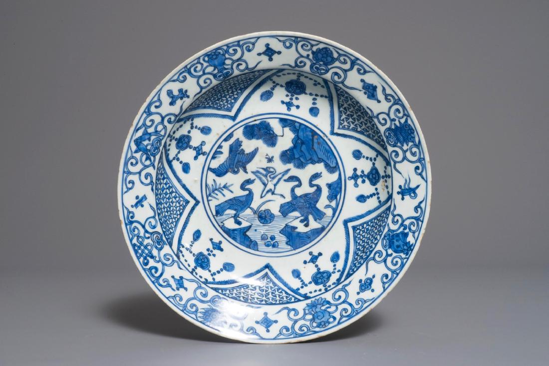 A Chinese blue and white "cranes" dish, Jiajing: A Chinese blue and white "cranes" dish, Jiajing Dia.: 29,5 cm We have more lots available exclusively on our website www.rm-auctions.com! Condition reports and high resolution pictures are available o