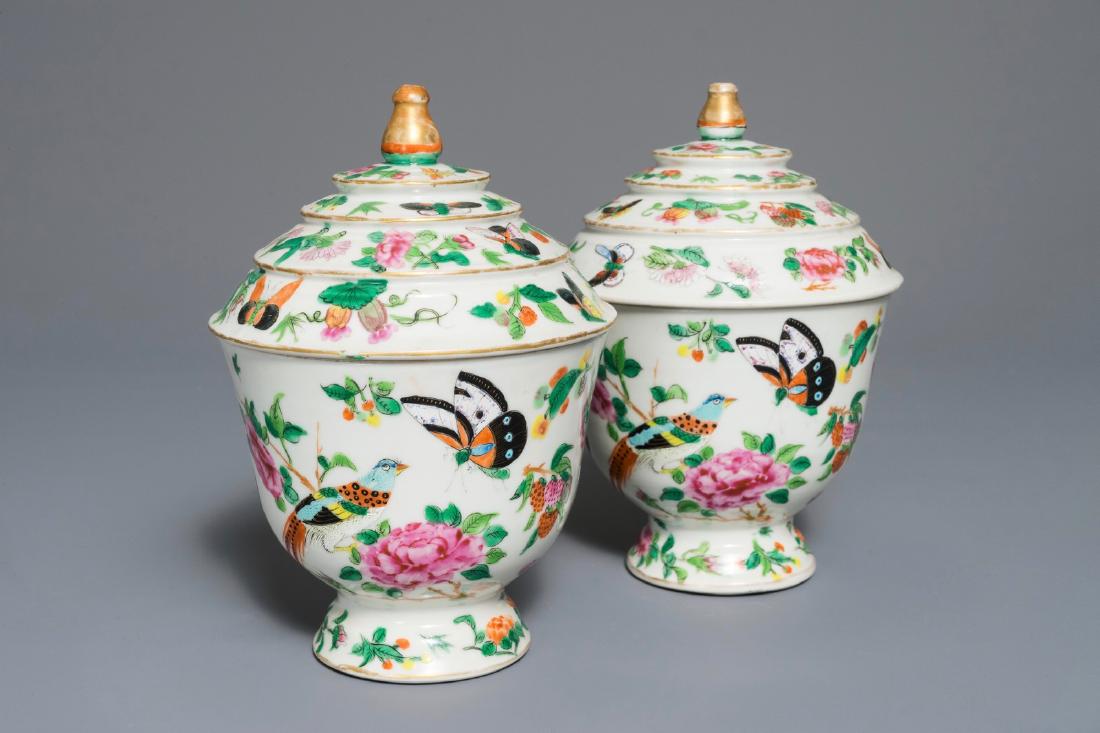 A pair of Chinese Canton famille rose covered bowls, (1 of 13)