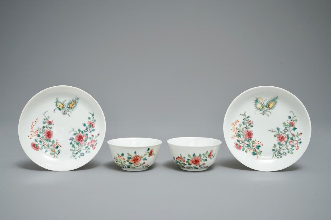 A pair of fine Chinese famille rose cups and saucers (1 of 9)