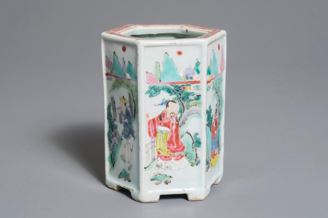 A Chinese hexagonal famille rose brushpot, Yongzheng (1 of 9)