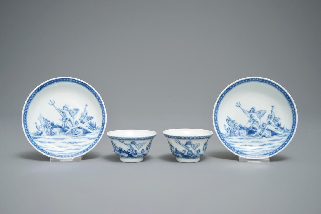 A pair of Chinese blue and white mythological cups and: A pair of Chinese blue and white mythological cups and saucers depicting Neptune, Qianlong H.: 4 cm - Dia.: 7 cm (the cups) Dia.: 11,5 cm (the saucers) We have more lots available exclusively on our w