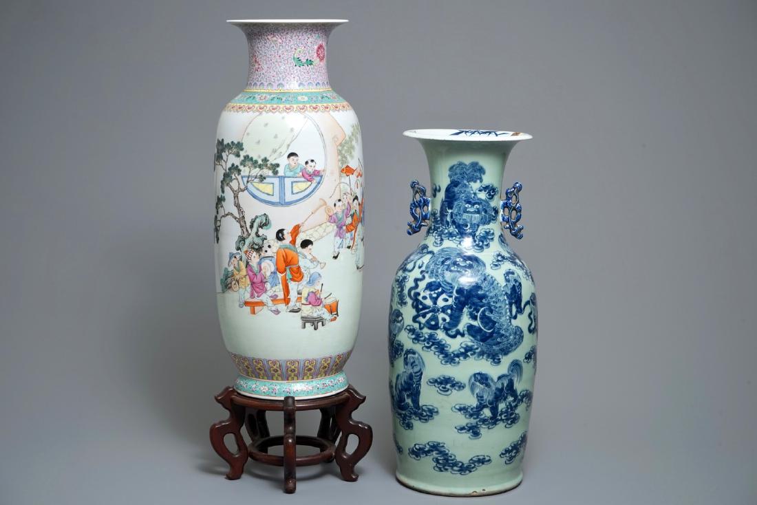 A Chinese famille rose vase, Republic, and a blue and: A Chinese famille rose vase, Republic, and a blue and white celadon-ground vase, 19th C. H.: 75,5 cm (incl. stand) H.: 61,5 cm (the vase excl. stand) We have more lots available exclusively on our web
