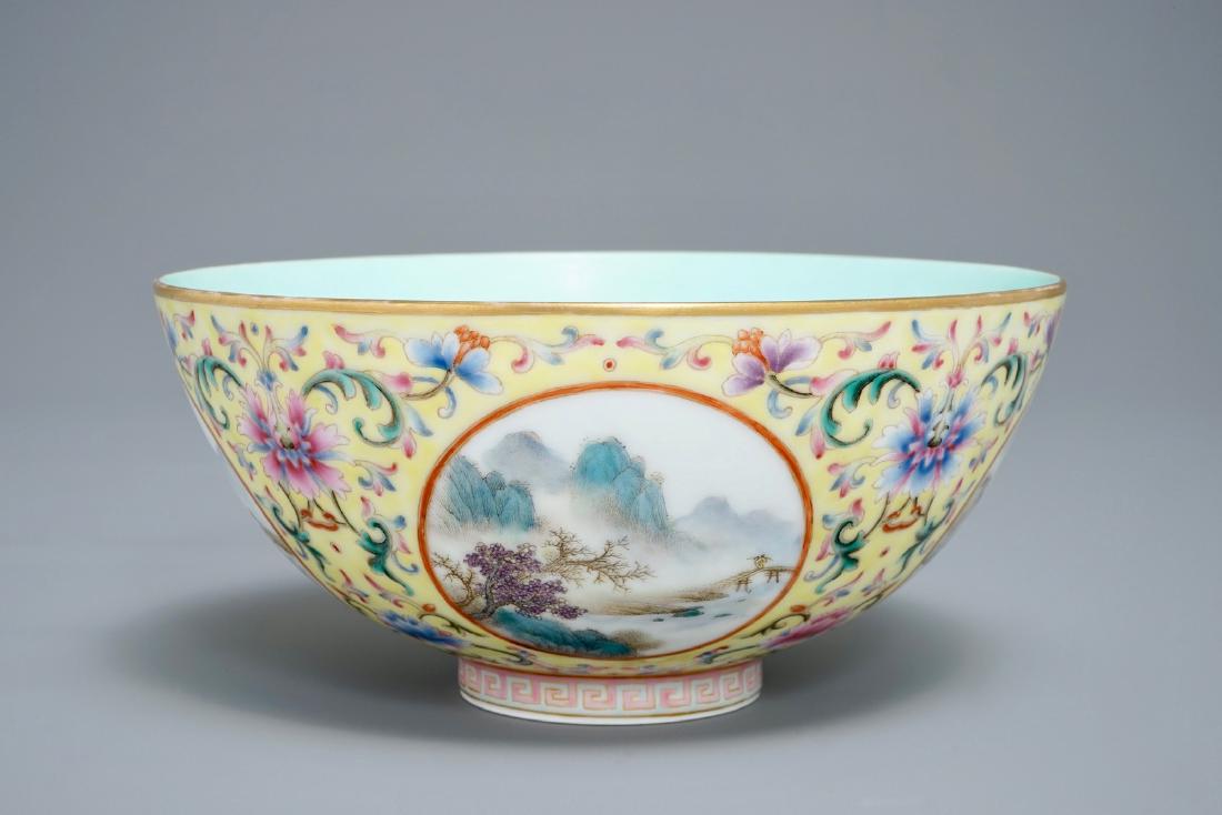 A fine Chinese famille rose yellow-ground bowl with (1 of 7)