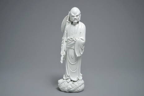 A Chinese Dehua blanc de Chine figure of Damo, Boji: A Chinese Dehua blanc de Chine figure of Damo, Boji yuren merk, 19th C. H.: 46 cm The impressed seal mark 'Boji Yuren' can be read as 'virtue extends to all, including fishermen', four figures bearing