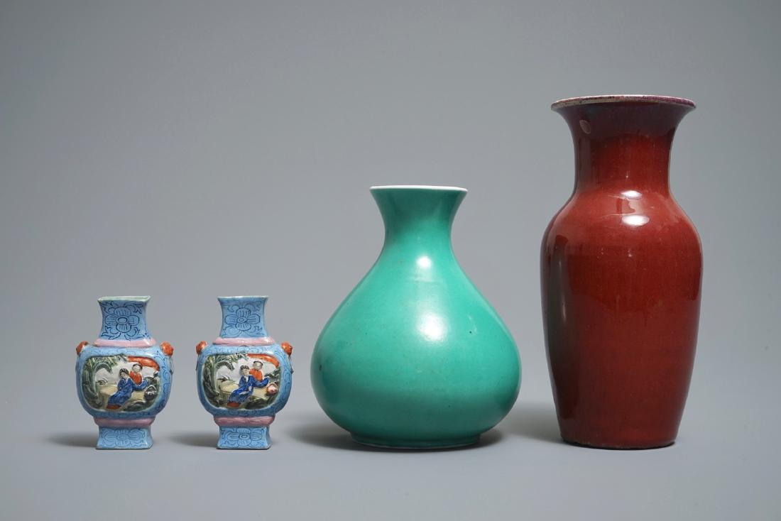 Four Chinese famille rose and monochrome vases, 19/20th: Four Chinese famille rose and monochrome vases, 19/20th C. H.: 21 cm (the tallest) We have more lots available exclusively on our website www.rm-auctions.com! Condition reports and high resolution pic