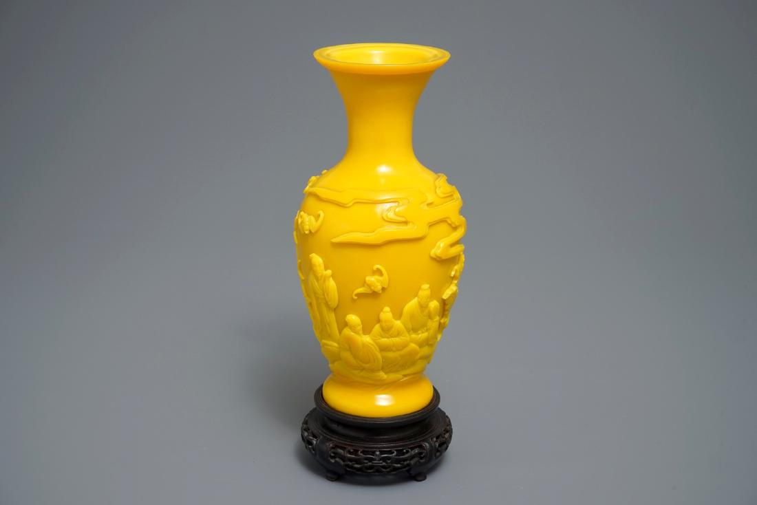 A Chinese Beijing glass vase with figures, Qianlong: A Chinese Beijing glass vase with figures, Qianlong mark, 19/20th C. H.: 32 cm (incl. stand)H.: 26,5 cm (the vase) We have more lots available exclusively on our website www.rm-auctions.com! Condition