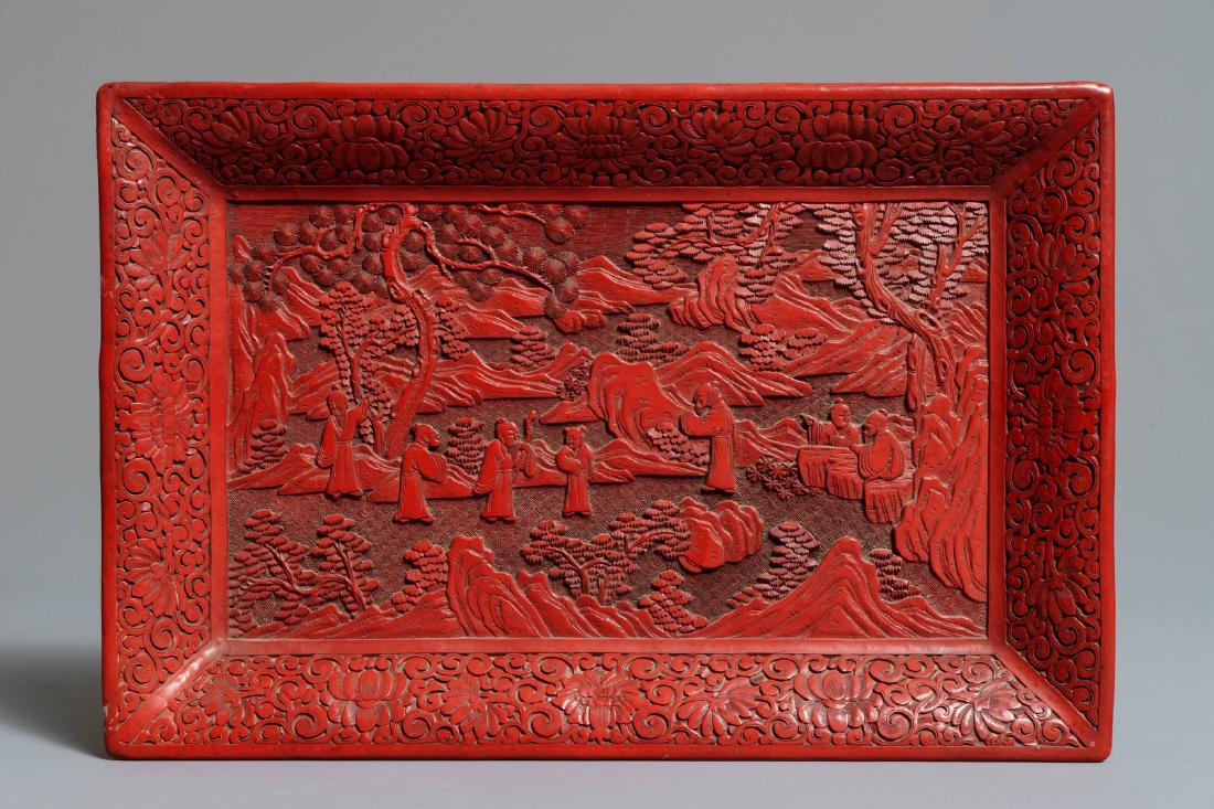 A rectangular Chinese cinnabar lacquer tray with (1 of 9)
