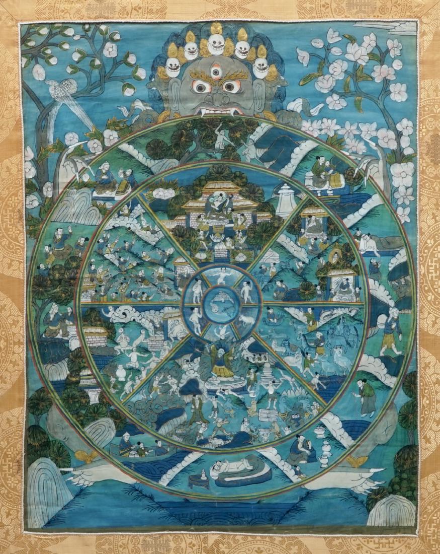 A Bhavacakra thangka, Tibet, 19/20th C.: A Bhavacakra thangka, Tibet, 19/20th C. Dim.: 115 x 88 cm (the total size of the frame) We have more lots available exclusively on our website www.rm-auctions.com! Condition reports and high resolutio