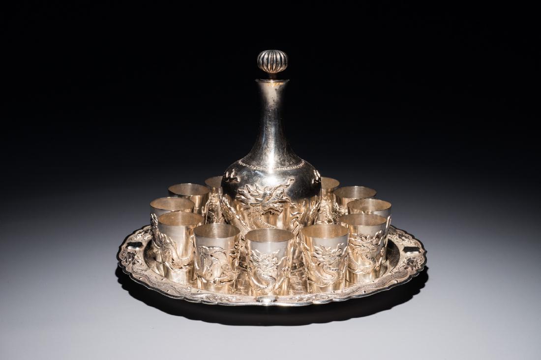 A Chinese silver liquor set on tray with applied dragon (1 of 18)
