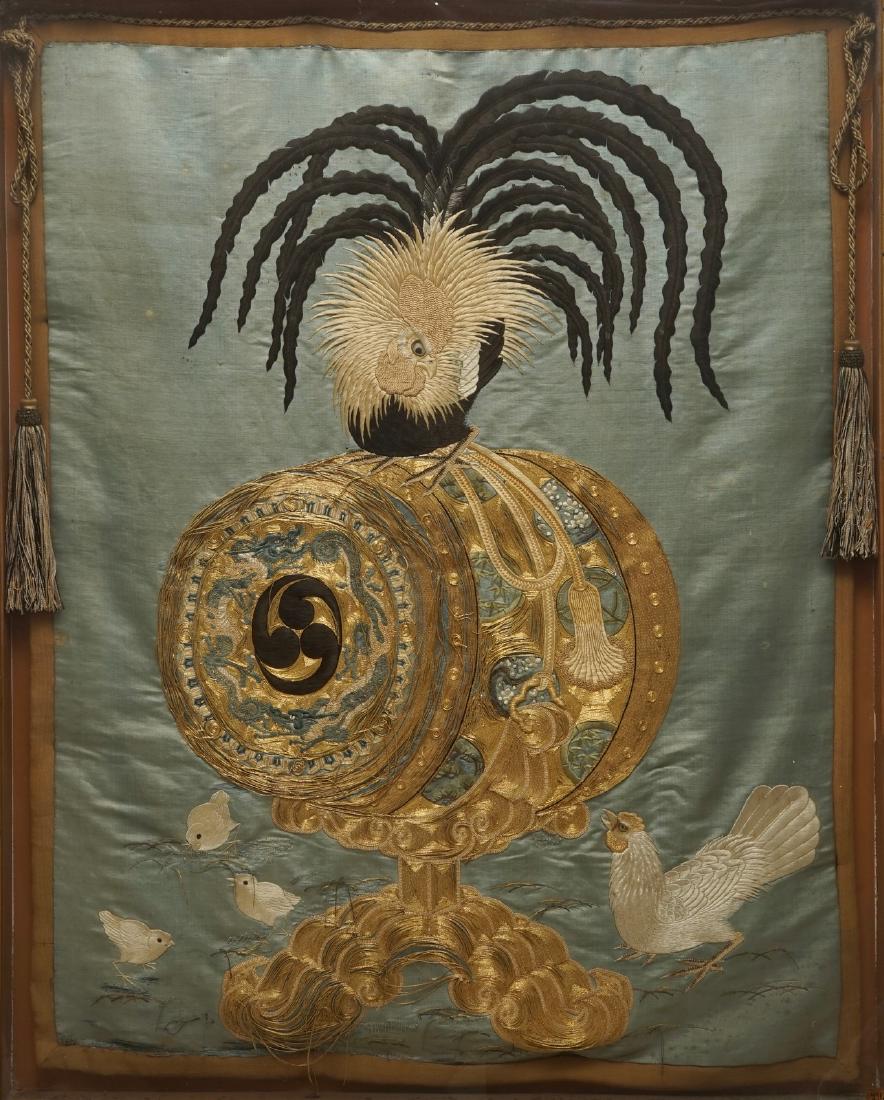 A Japanese silk embroidery depicting a rooster on an (1 of 6)