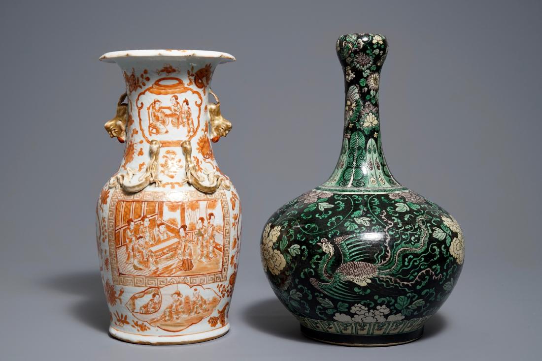 Two Chinese famille noire and iron red vases, 19th C. (1 of 6)