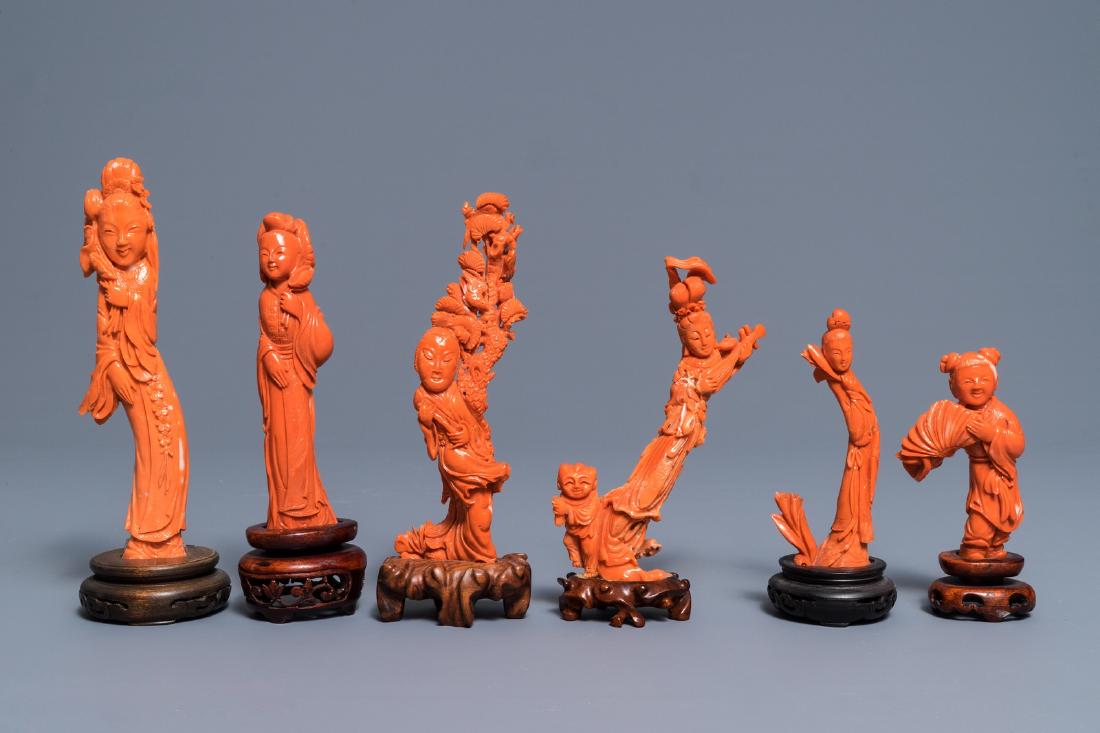 Six Chinese carved coral figures on wooden stands, (1 of 6)