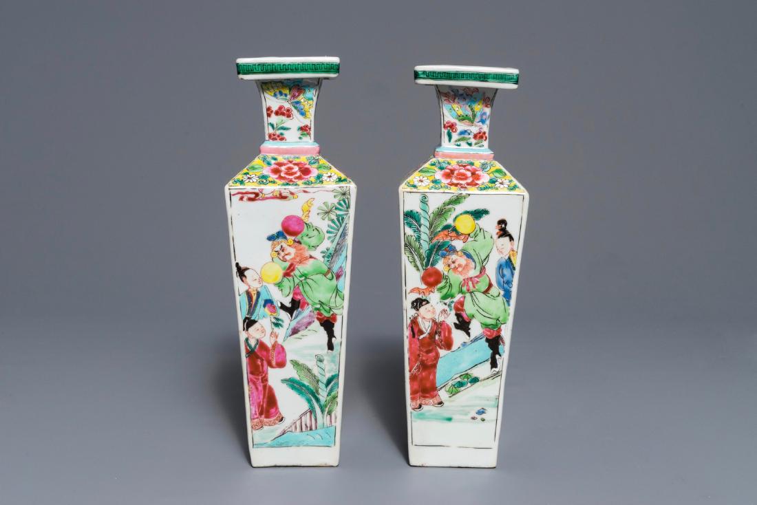 A pair of square Chinese famille rose vases with (1 of 6)