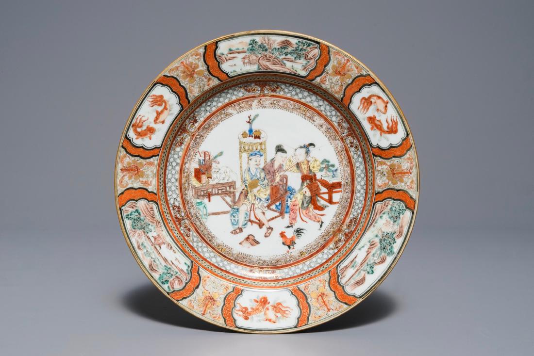 A fine Chinese famille rose 'musicians' plate, (1 of 2)