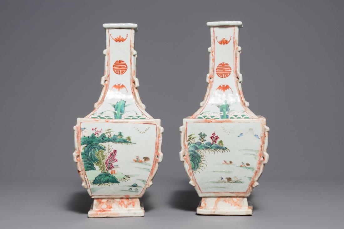 A pair of Chinese famille rose and faux marbre vases, (1 of 6)