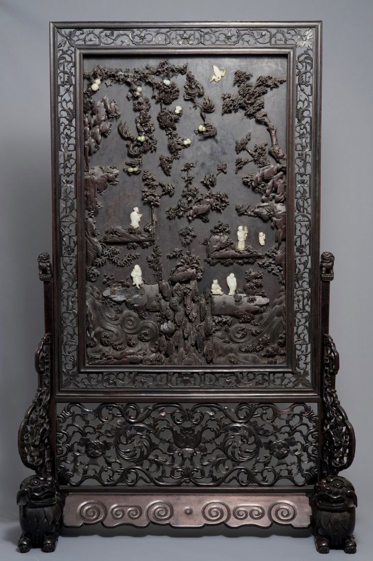 A Chinese carved wood panel with jade and turquoise (1 of 1)