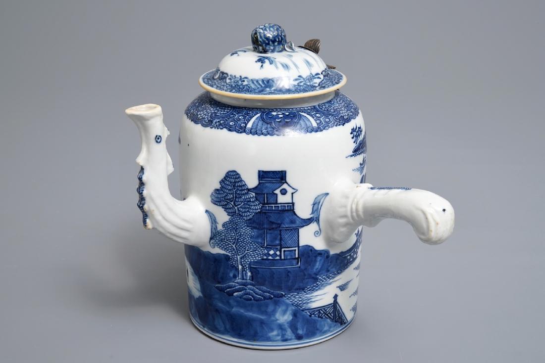 A Chinese blue and white chocolate jug with landscape: A Chinese blue and white chocolate jug with landscape design, Qianlong/Jiaqing H.: 20 cm