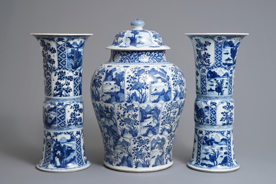 A large Chinese blue and white three-piece garniture (1 of 8)