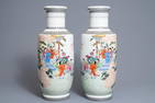A pair of fine Chinese famille rose rouleau vases,