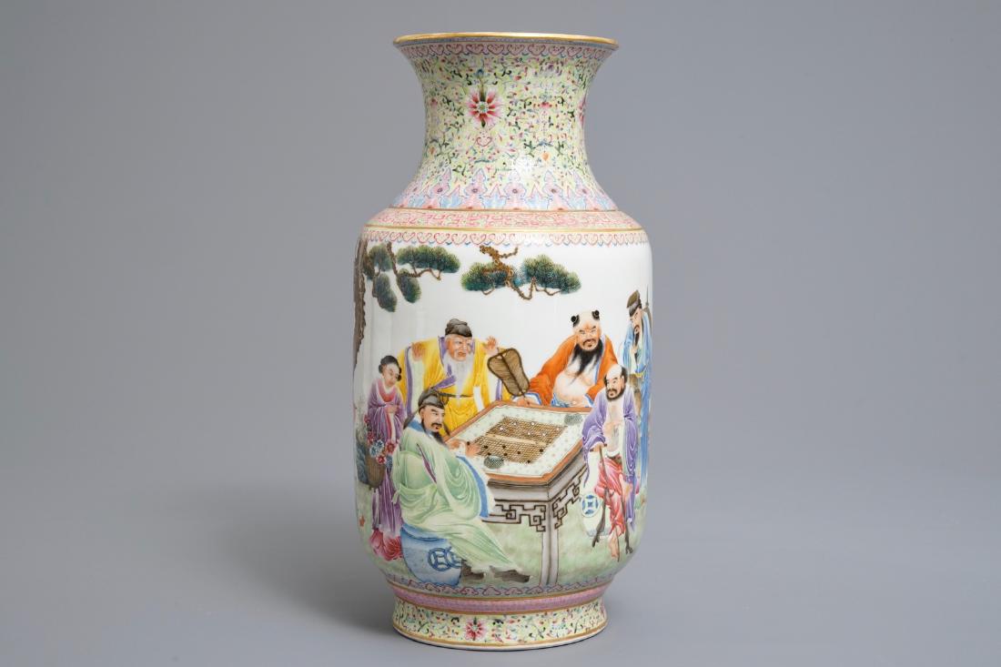 A Chinese famille rose lantern vase with go players, (1 of 6)