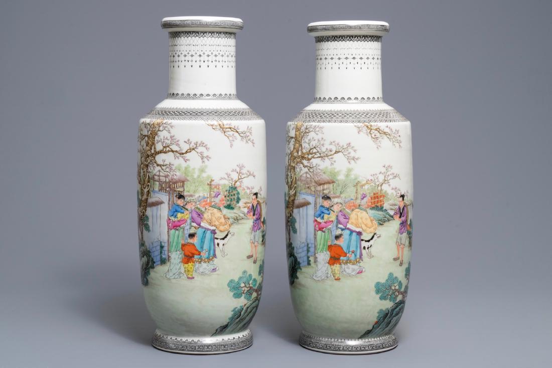 A pair of fine Chinese famille rose rouleau vases, (1 of 6)