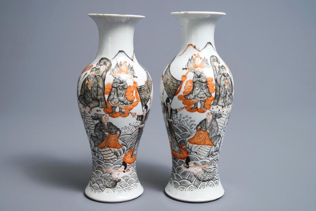 A pair of Chinese iron red, grisaille and gilt vases,: A pair of Chinese iron red, grisaille and gilt vases, Hongxian mark, 20th C. H.: 26 cm ------ Please request condition reports by e-mail on info@rm-auctions.com or by using the LiveAuctioneers message