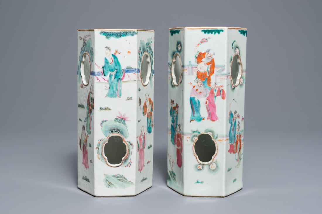 Two Chinese famille rose reticulated hat stands, 19th (1 of 5)