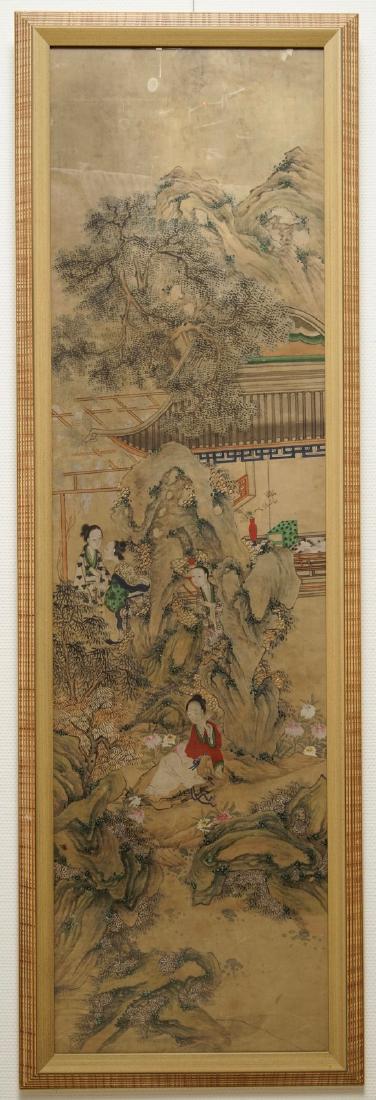 Chinese school: A view on the spring palace, 16/17th C.: Chinese school: A view on the spring palace, 16/17th C. and 'Guanyin with servants', 19th C. Dim.: 168 x 54 cm (the frame of the spring palace view)Dim.: 156,5 x 42,5 cm (the work) ------ Please reque