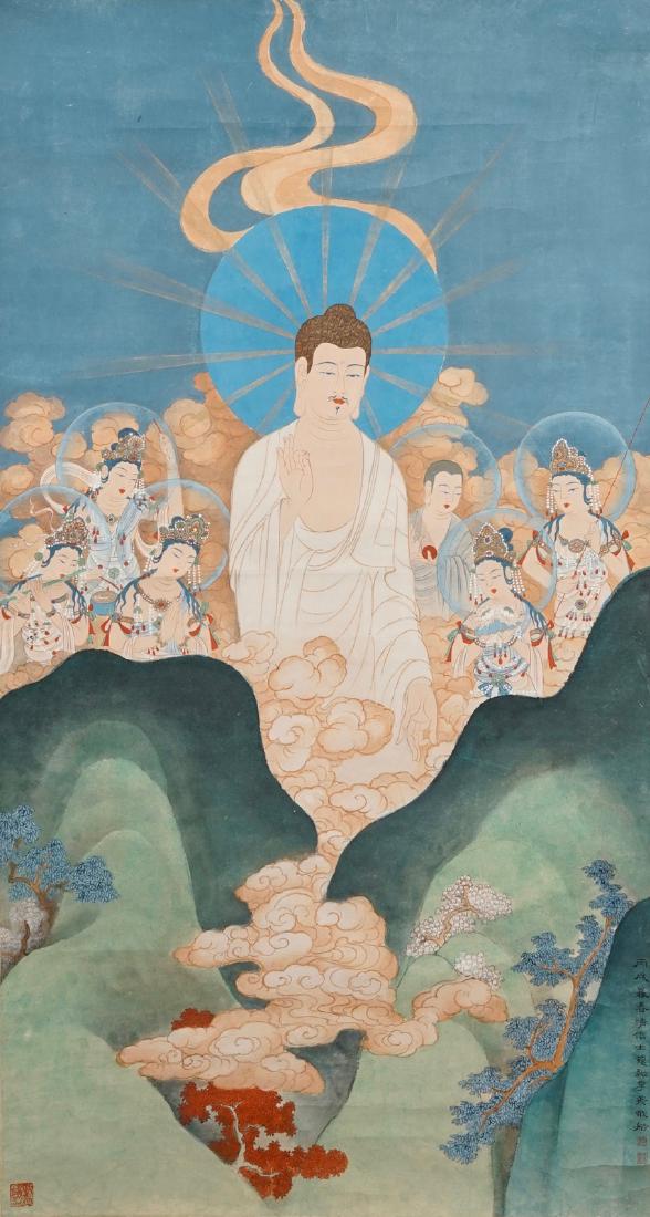 Ji Kang (1911-2007): Guanyin surrounded by tutelars,: Ji Kang (1911-2007): Guanyin surrounded by tutelars, watercolour and ink on paper mounted on scroll, 20th C. Dim.: 220 x 82 cm (scroll excl. wooden bar)Dim.: 126,5 x 68,5 cm (the painting) ------ Plea