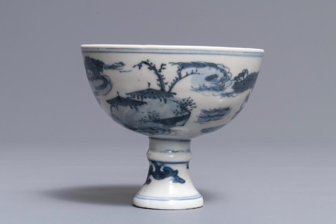 A Chinese blue and white 'landscape' stem cup, Wanli (1 of 6)