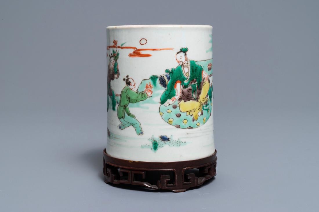 A Chinese famille verte brush pot on wooden stand, (1 of 7)