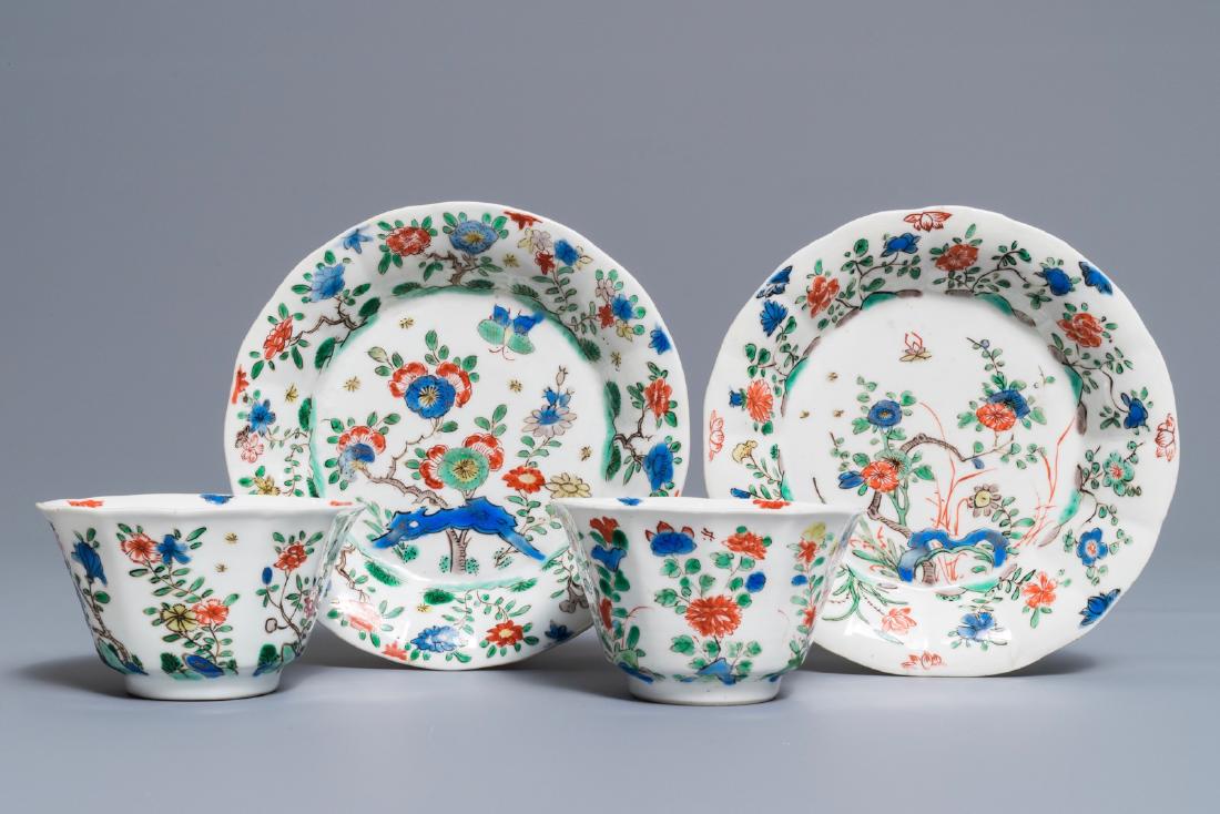 A pair of lobed Chinese famille verte cups and saucers, (1 of 9)