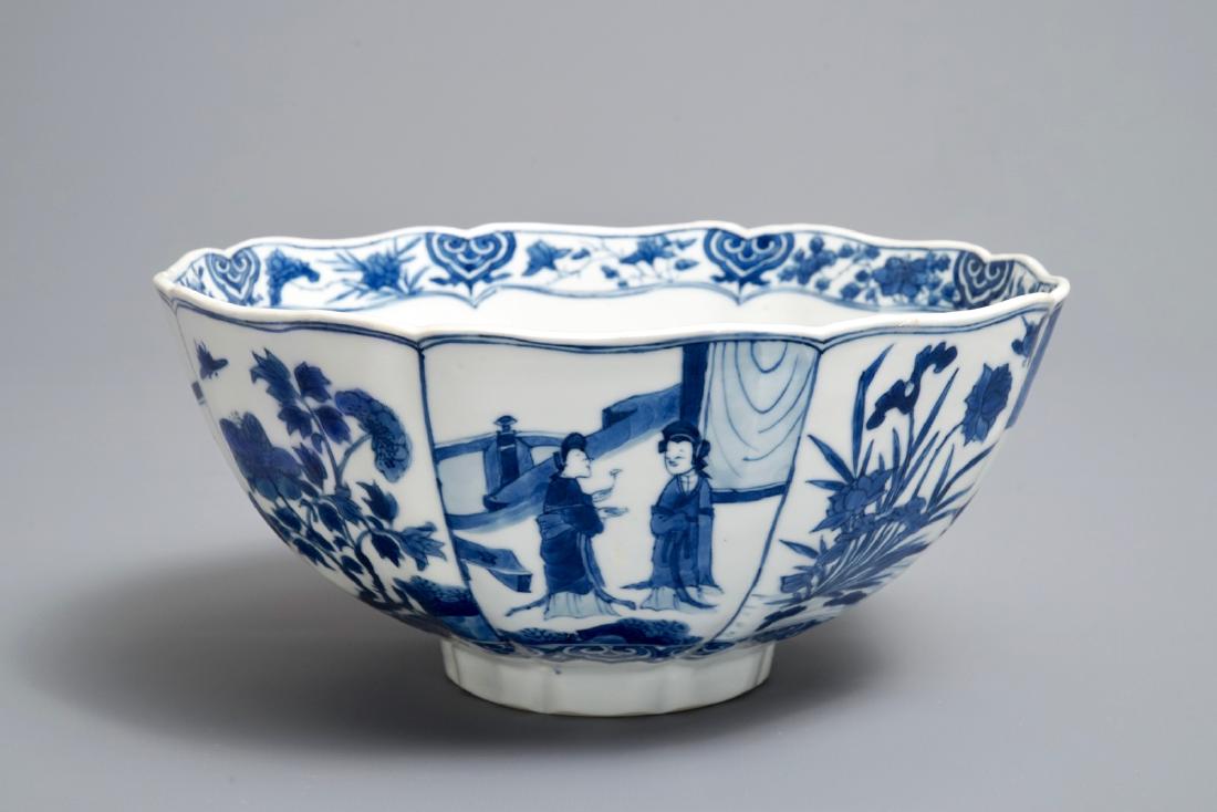 A Chinese blue and white bowl with figurative and: A Chinese blue and white bowl with figurative and floral panels, Chenghua mark, Kangxi H.: 10,5 cm - Dia.: 22 cm --------- Please request condition reports by e-mail on info@rm-auctions.com or by usin