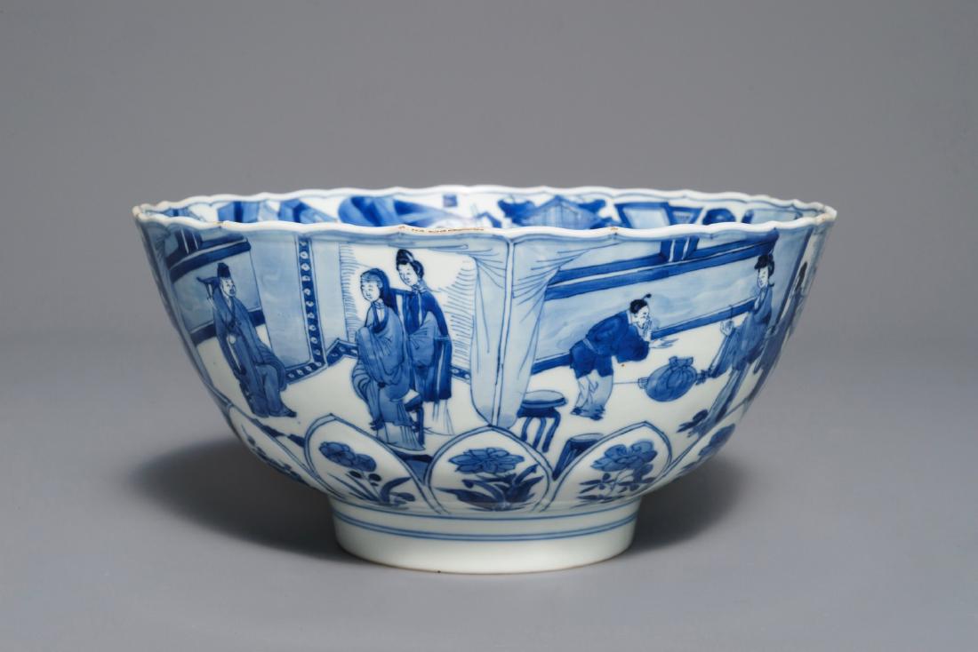 A Chinese blue and white moulded bowl with figurative: A Chinese blue and white moulded bowl with figurative panels, Xuande mark, Kangxi Dia.: 21 cm - H.: 10 cm Provenance: A Dutch private collection. --------- Please request condition reports by e-mail