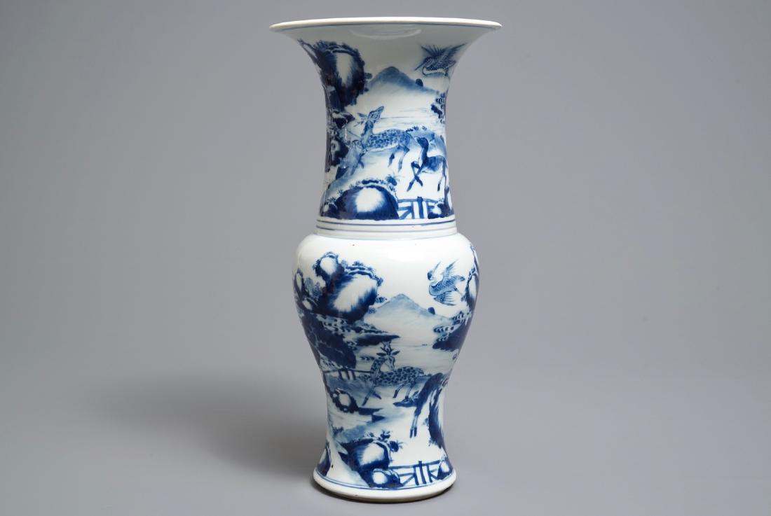 A Chinese blue and white 'deer and crane' yenyen vase, (1 of 6)