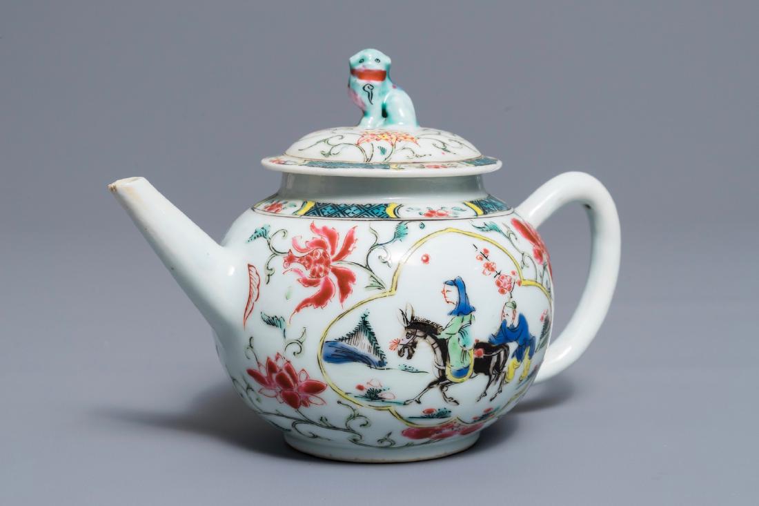 A Chinese famille rose teapot and cover,: A Chinese famille rose teapot and cover, Yongzheng/Qianlong H.: 12 cm - L.: 17 cm --------- Please request condition reports by e-mail on info@rm-auctions.com or by using the LiveAuctioneers message s
