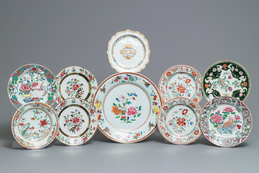 Ten various Chinese famille rose plates, Yongzheng and: Ten various Chinese famille rose plates, Yongzheng and later Dia.: 34,5 cm (the central dish) --------- Please request condition reports by e-mail on info@rm-auctions.com or by using the LiveAuctionee