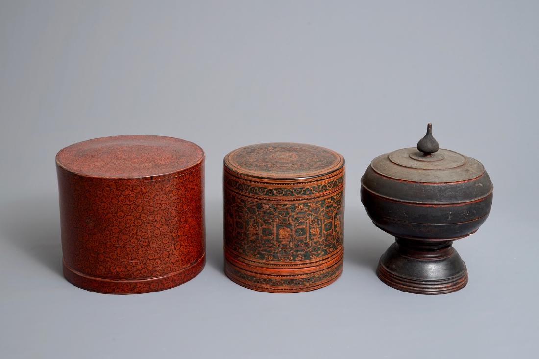 Two round lacquered betel boxes and an alms bowl and (1 of 8)