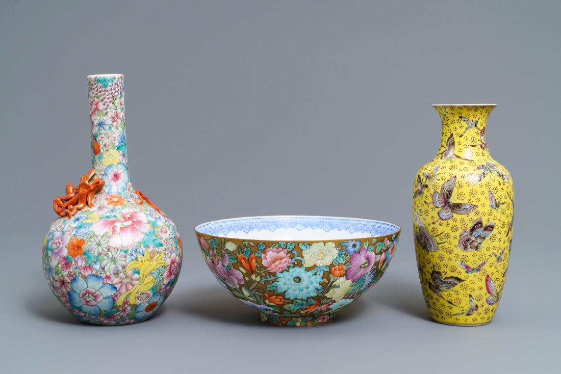 Two Chinese famille rose vases and an eggshell bowl,: Two Chinese famille rose vases and an eggshell bowl, Qianlong marks, Republic, 20th C. ----- H.: 23,5 cm (the tallest vase)Dia.: 20 cm - H.: 9 cm -- (the bowl)