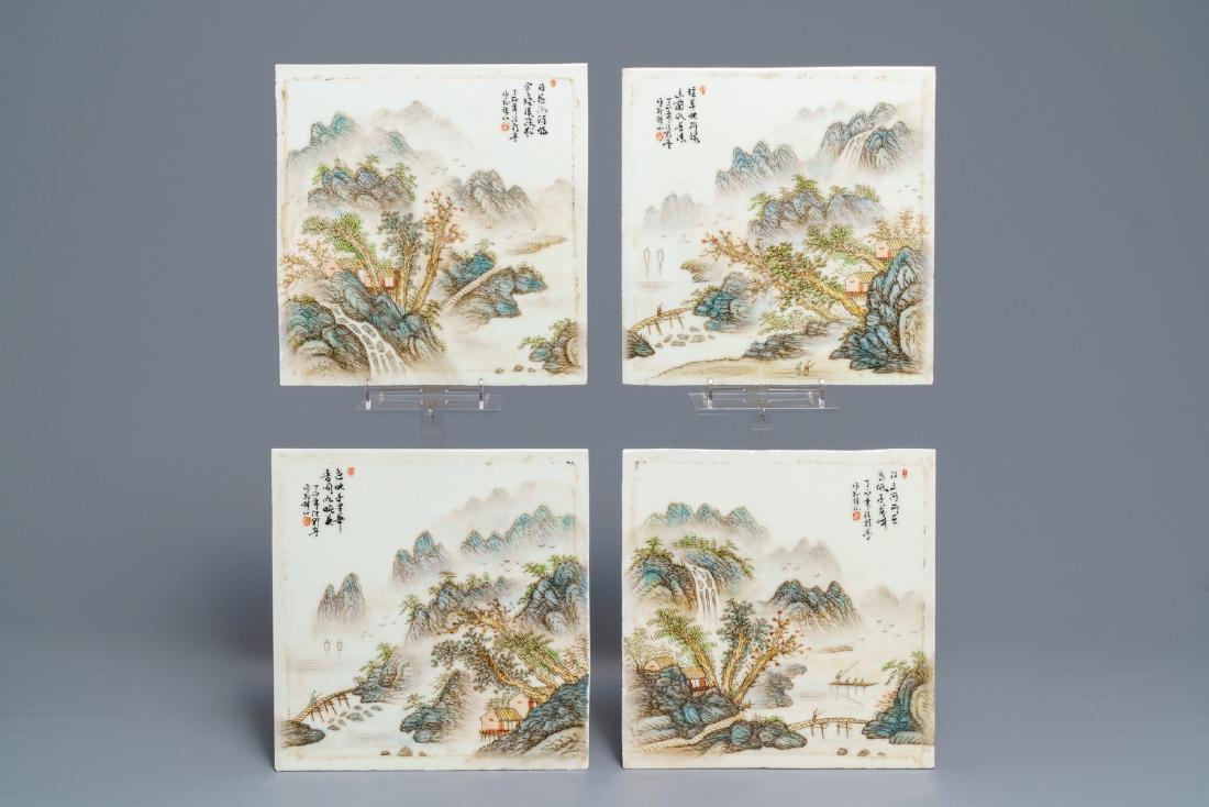 Four square Chinese qianjiang cai landscape plaques,: Four square Chinese qianjiang cai landscape plaques, 20th C. ----- Dia.: 21,5 x 22 cm