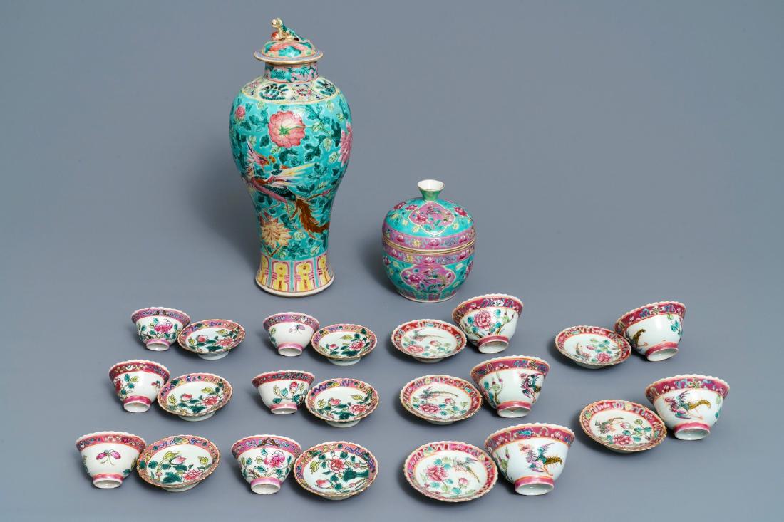 A collection of Chinese famille rose Peranakan or: A collection of Chinese famille rose Peranakan or Straits market cups and saucers and a vase, 19th C. ----- H.: 5 cm - Dia.: 9 cm (the cups)Dia.: 9 cm (the saucers)H.: 36 cm (the vase)