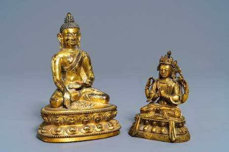 Two Sino-Tibetan gilt bronze figures of Buddha: Two Sino-Tibetan gilt bronze figures of Buddha Shakyamuni and Avalokiteshvara, 18/19th C. ----- H.: 15,5 cm (Buddha Shakyamuni)