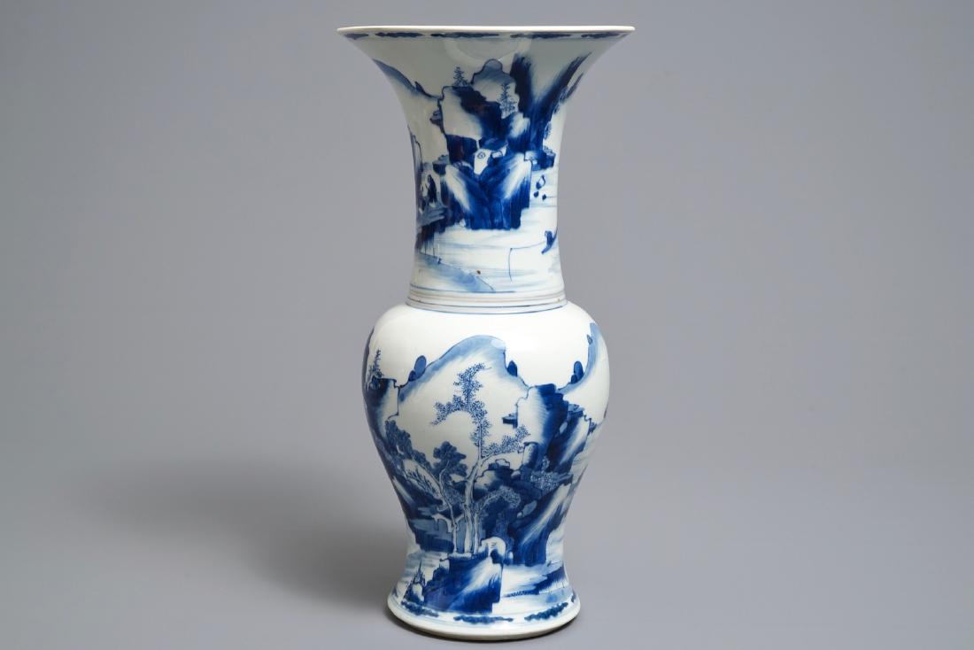A Chinese blue and white yenyen vase with figures in a: A Chinese blue and white yenyen vase with figures in a landscape, Kangxi ----- H.: 45 cm Condition: (UV-checked)- With two restored hairlines running down from the rim of ca. 12 and ca. 5 cm, the firs