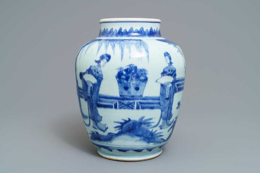 A Chinese blue and white jar with ladies in a garden,: A Chinese blue and white jar with ladies in a garden, Transitional period ----- H.: 29 cm