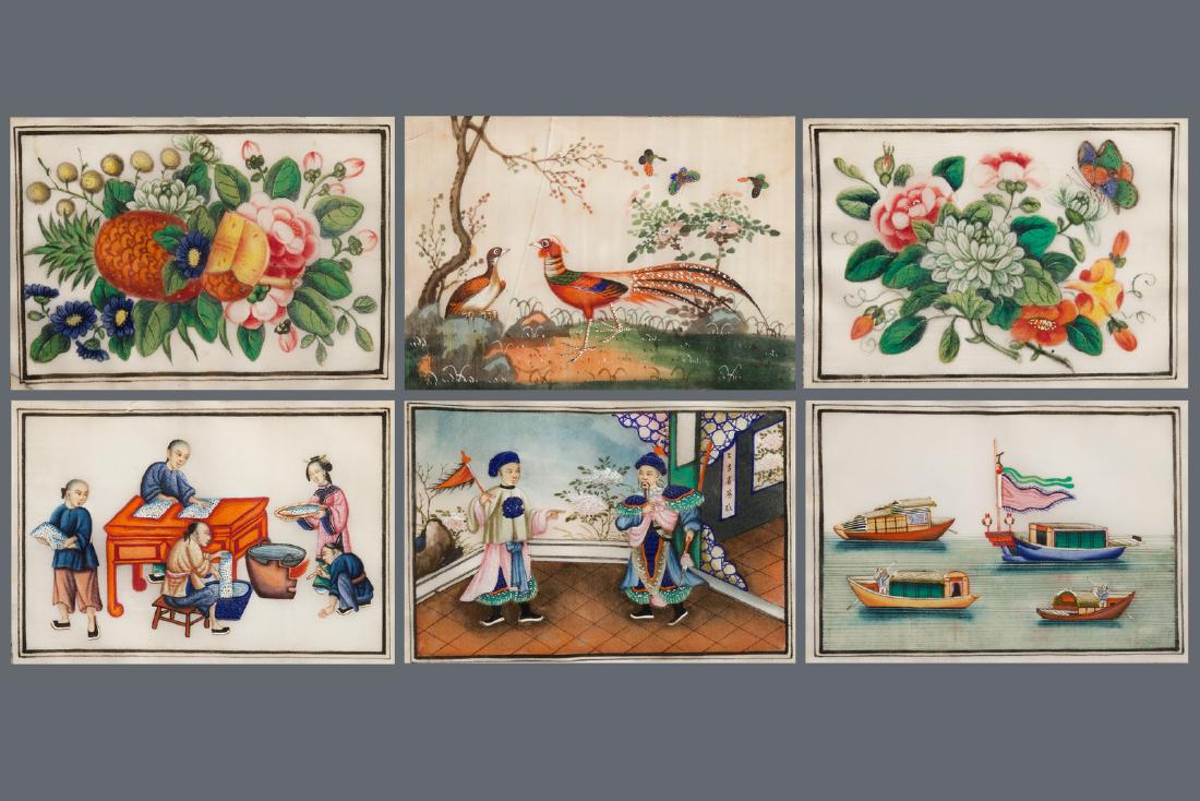 Six various framed Chinese rice paper paintings,: Six various framed Chinese rice paper paintings, Canton, 19th C. ---- Dim.: 25,5 x 19,5 cm (the largest frame)Dim.: 19 x 13,5 cm (the largest painting)