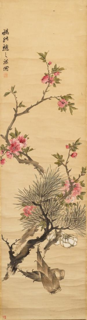 Zhao Zhiqian (China, 1829-1884): 'Three friends of: Zhao Zhiqian (China, 1829-1884): 'Three friends of winter', ink and color on paper, mounted on scroll ---- Dim.: 204 x 51 cm (the scroll)Dim.: 173,5 x 46,5 cm (the painting)