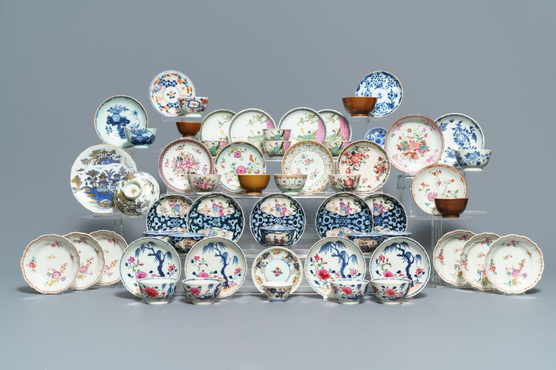 A collection of 23 cups and 33 saucers in Chinese and: A collection of 23 cups and 33 saucers in Chinese and Japanese porcelain, 18/19th C. ---- Dia.: 15,5 cm (the largest saucer) Dia.: 14 cm (the largest capucin-ground saucer) Dia.: 9 cm - H.: 4,5 cm (th