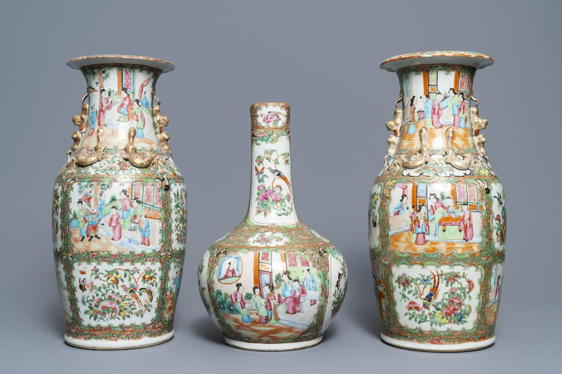 Three Chinese Canton famille rose vases, 19th C.: Full title: Three Chinese Canton famille rose vases, 19th C.------- Description: H.: 39 cm (the bottle vase) H.: 46,5 cm (the pair of vases)